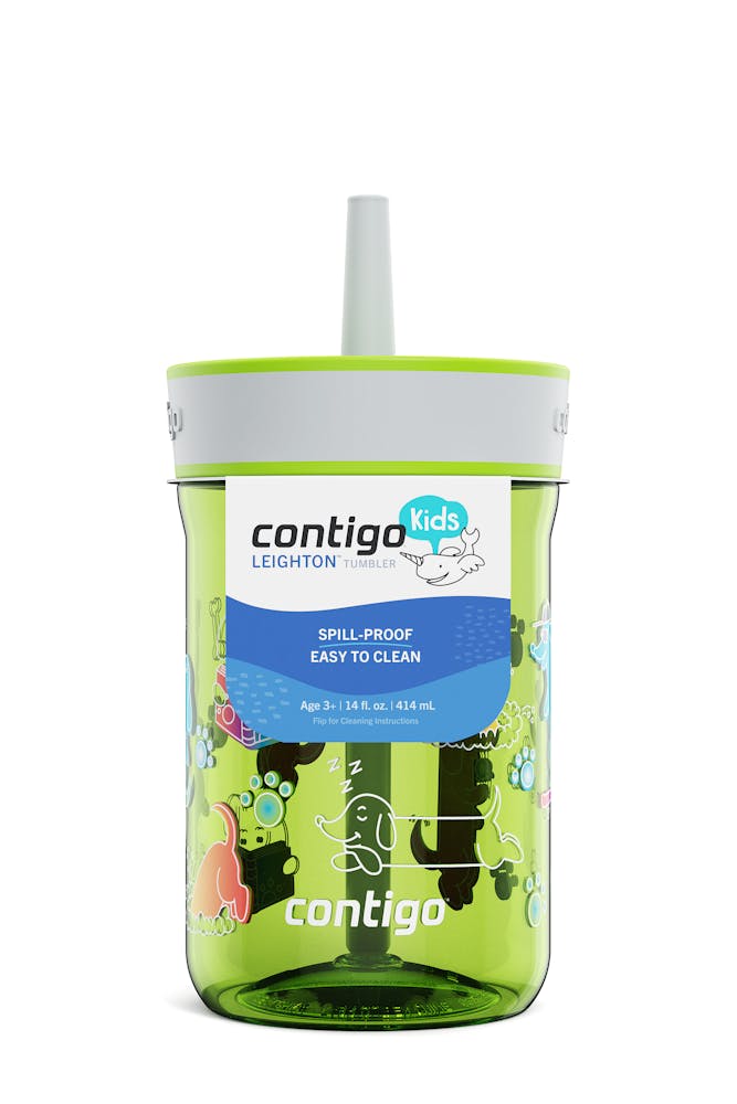 Kids Leighton Spill-Proof Tumbler with Straw, 14oz., 2-Pack - Cool Lime Macaroon with Dogs Doing Things