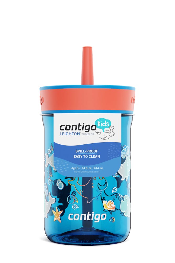 Kids Leighton Spill-Proof Tumbler with Straw, 14oz., 2-Pack - Blue Poppy Coral & Narwhals